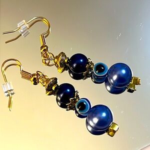 Blue Faux Pearl & Evil Eye Earrings.